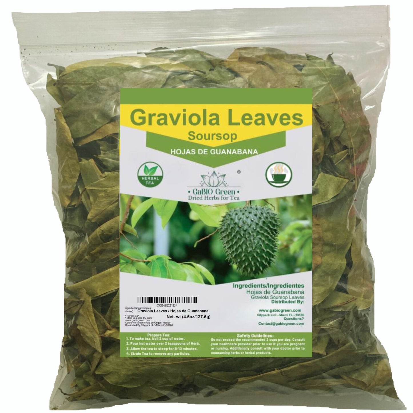Gabio Green- Whole Soursop leaves(3oz/85gr) 180 + leaves aprox, Big Bag, Hojas de guanabana, tea Soursop, Dried Herbs. (3 oz) 180 leaves aprox. | Premium Quality, Herbal Tea, Natural Dried Herbs