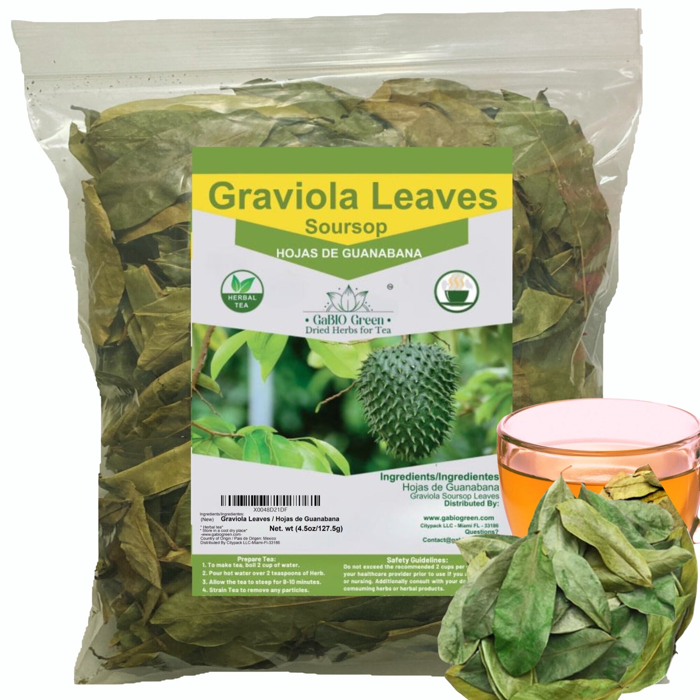 Gabio Green- Whole Soursop leaves(3oz/85gr) 180 + leaves aprox, Big Bag, Hojas de guanabana, tea Soursop, Dried Herbs. (3 oz) 180 leaves aprox. | Premium Quality, Herbal Tea, Natural Dried Herbs