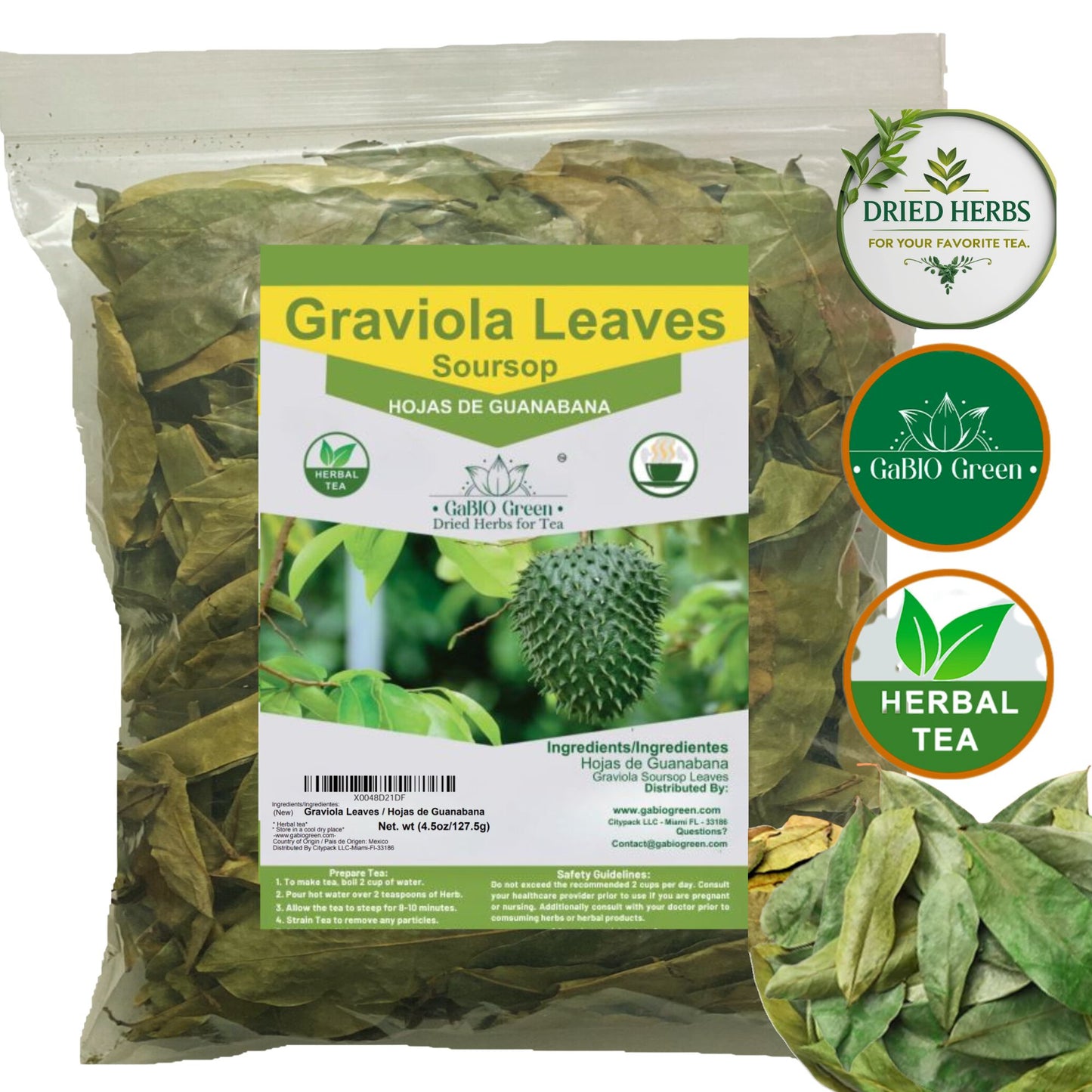Gabio Green- Whole Soursop leaves(3oz/85gr) 180 + leaves aprox, Big Bag, Hojas de guanabana, tea Soursop, Dried Herbs. (3 oz) 180 leaves aprox. | Premium Quality, Herbal Tea, Natural Dried Herbs