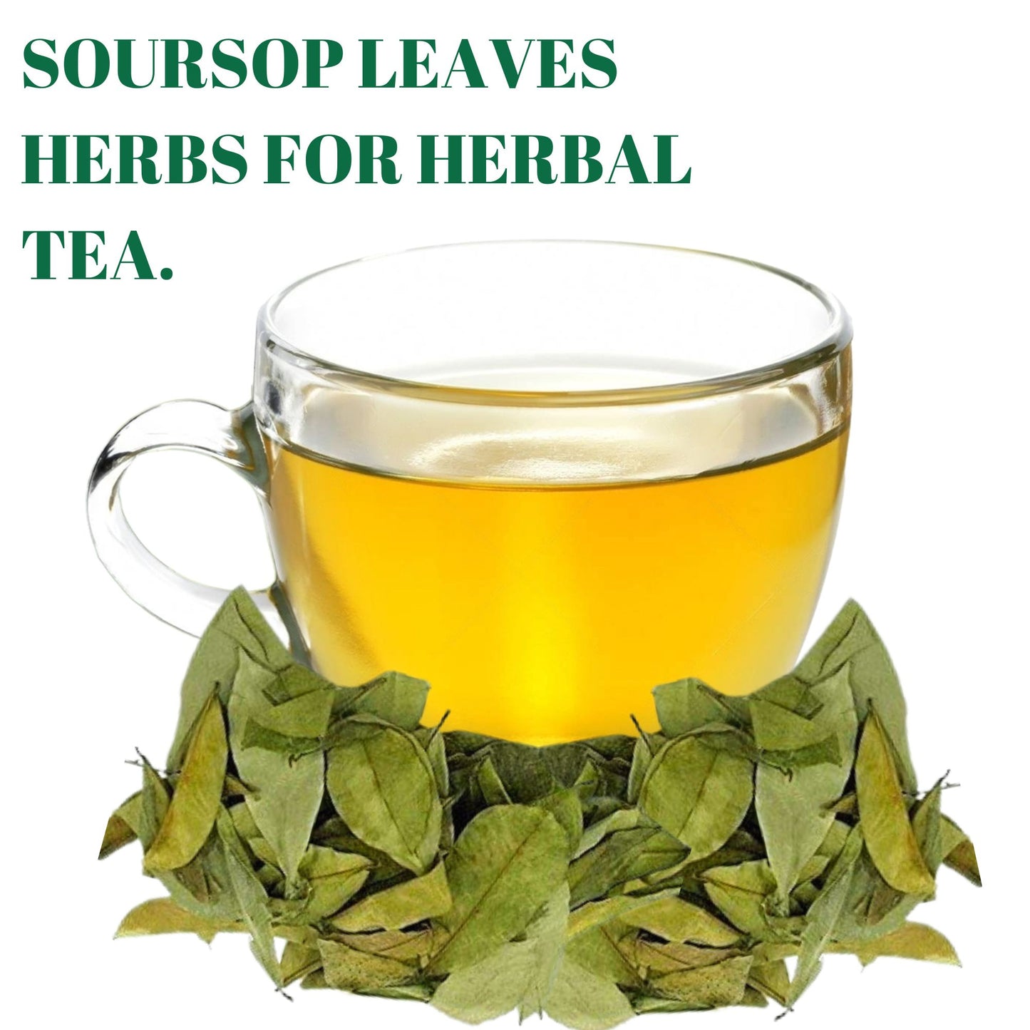 Clear glass cup with freshly brewed golden Soursop tea and green leaves