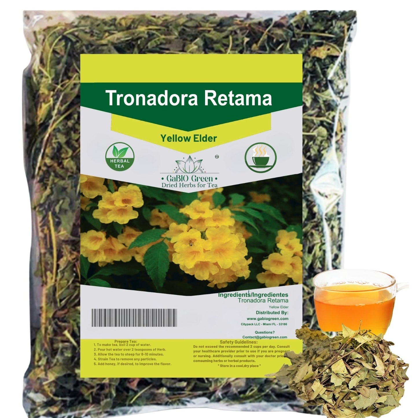 Gabio Green-Tronadora Retama, 4 oz/114 Gr pound gr Premium Quality tronadora tea, resealeble bag, yellow elder herbs, tronadora hierba Non GMo, Resealable bag. 4 oz/ 114 Gr. | Premium Quality, Herbal Tea, Natural Dried Herbs