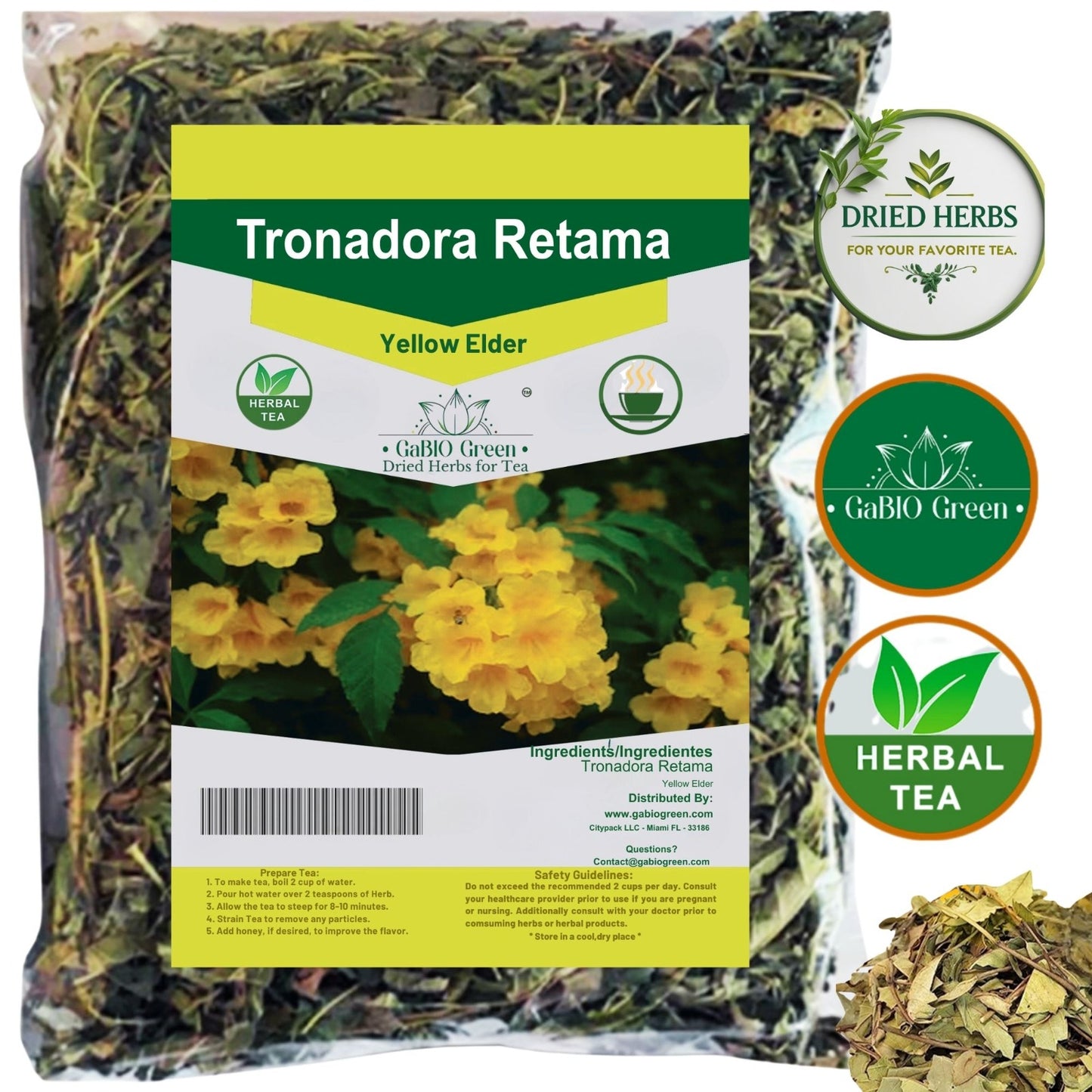 Gabio Green-Tronadora Retama, 8 oz/ 1/2 pound gr Premium Quality tronadora tea, resealeble bag, yellow elder herbs, tronadora hierba Non GMo, Resealable bag. 8 oz/ 1/2 pound | Premium Quality, Herbal Tea, Natural Dried Herbs